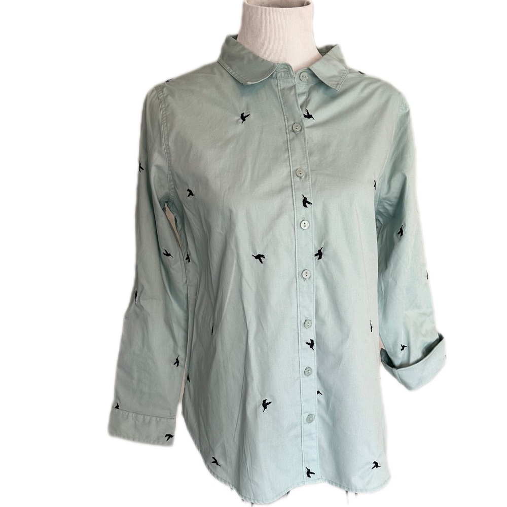 Mint Green, Birds Black Button-Down Shirt Christopher & Banks NWT petite cotton